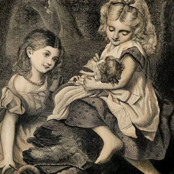 1881 Engraving Beautiful Sisters Find Baby In Woods Victorian Anderson DWQQ18